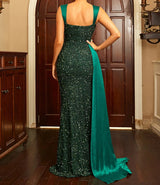 Sequins Suspender Evening Dress with High Slit