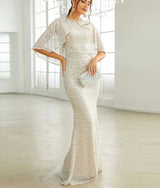Elegant Apricot Sequin Mermaid Cloak cover shoulder Evening Dress