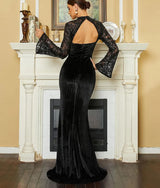 New Black Velvet Turtleneck Evening Dress with backless design, Flare Sleeves & Thigh Split