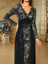 Elegant Black Evening Dress - Women's Long Sleeve V Neck Sequin Bodycon Formal Gown with Train