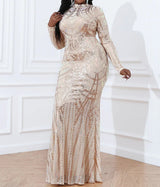 Curvy Sequin Bodycon Plus Size Elegant Long Sleeve Backless Gown