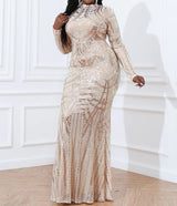 Curvy Sequin Bodycon Plus Size Elegant Long Sleeve Backless Gown