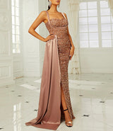 Sequins Suspender Evening Dress with High Slit