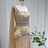 New Luxury Feather Crystal Evening Dress with Bling Cape