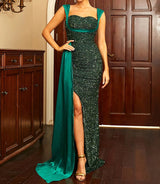 Sequins Suspender Evening Dress with High Slit