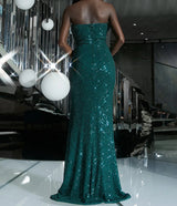 Off Shoulder Ruffle Neck Green Sequin A-line Fitted Dress