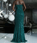 Off Shoulder Ruffle Neck Green Sequin A-line Fitted Dress