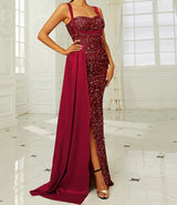Sequins Suspender Evening Dress with High Slit