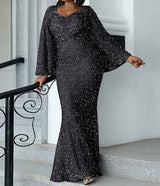 PLUS SIZE Sweetheart Neck Maxi Sequin Trumpet Sleeve Gown