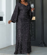PLUS SIZE Sweetheart Neck Maxi Sequin Trumpet Sleeve Gown