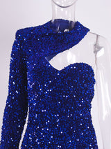 Elegant Single Sleeve Strapless Stretchy Sequin Evening Dress