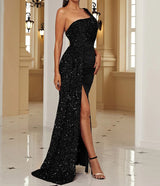 Velvet High Slit One Shoulder Elegant Evening Dress