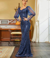 Elegant Navy Blue Long sleeve Bodycon sweetheart neckline sequins Evening Dress