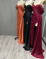 Luxury Embroidered Silk Satin Evening Gown with Sexy Slit and Beading - Perfect for Formal Events and Bridesmaids