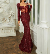 Elegant and sophisticated Red Sequin Prom Dress with deep Sweetheart Neck & Long Sleeve