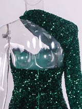 Elegant Single Sleeve Strapless Stretchy Sequin Evening Dress