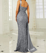 Sequins Suspender Evening Dress with High Slit