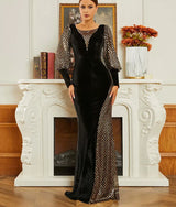 Elegant Black Sequin Velvet Evening Gown with Lantern Sleeves and Backless Design - Perfect for Weddings, Proms, and Other Special Occasions
