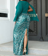 Plus Size Formal V Neck Sequin Slit Back Cloak Dress