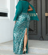 Plus Size Formal V Neck Sequin Slit Back Cloak Dress