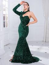 Elegant Single Sleeve Strapless Stretchy Sequin Evening Dress