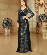Elegant Black Evening Dress - Women's Long Sleeve V Neck Sequin Bodycon Formal Gown with Train