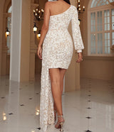 NEW Floral pattern Sequins One Shoulder Lantern Sleeve Draped Mini Dress