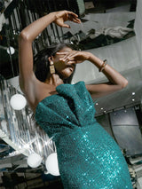 Off Shoulder Ruffle Neck Green Sequin A-line Fitted Dress