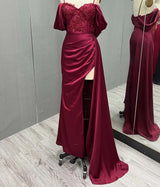 Luxury Embroidered Silk Satin Evening Gown with Sexy Slit and Beading - Perfect for Formal Events and Bridesmaids