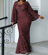 PLUS SIZE Sweetheart Neck Maxi Sequin Trumpet Sleeve Gown