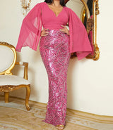 Plus Size Formal V Neck Sequin Slit Back Cloak Dress