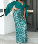 Plus Size Formal V Neck Sequin Slit Back Cloak Dress