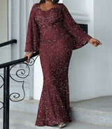 PLUS SIZE Sweetheart Neck Maxi Sequin Trumpet Sleeve Gown