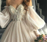 Dirty Pink Boho Wedding Dress Detachable Puff Sleeve Sparky Lace