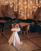 White Satin Sexy Puff Sleeve Split Side Wedding Gown