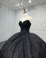 Black Luxury Hand Beaded & Rhinestones Wedding Ballgown Dress