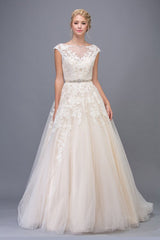 Beautiful Floral A-Line Conservative Neckline Wedding Dress with Belt