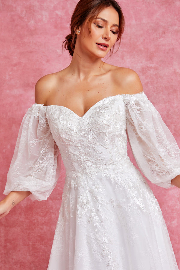 Off Shoulder Puff Sleeves A Line Wedding Dress