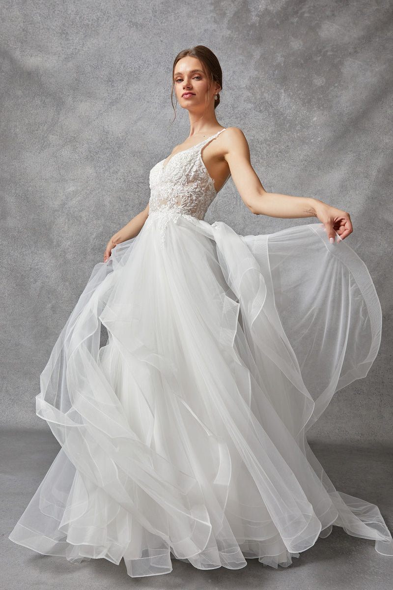 off white bohemian wedding dress V-Neck Off-Shoulder Tulle A-Line Lace Up Boho Wedding Dress Ivory / US 14