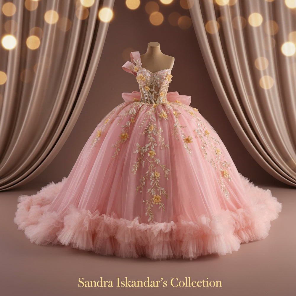 Luxury Blush Pink & Gold Quinceañera Ball Gown with Floral Appliqués a – Sandra's Bridal Collection