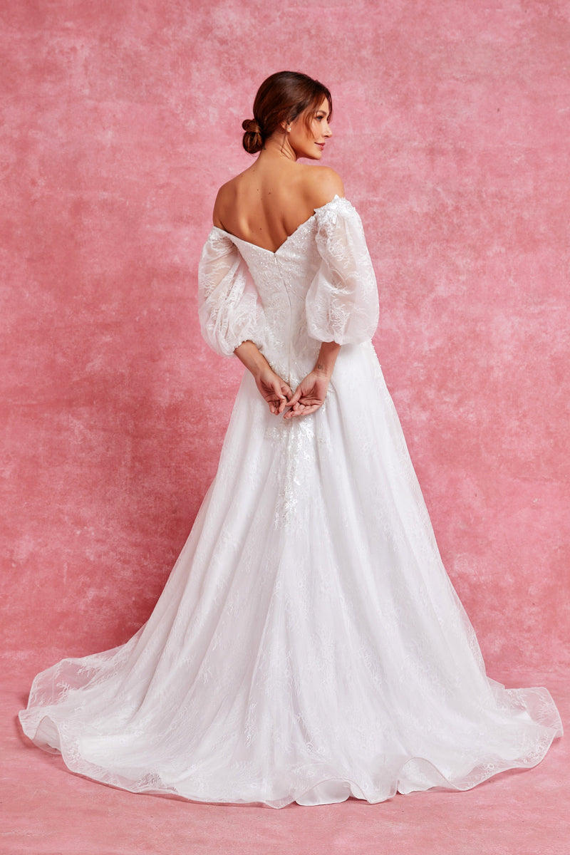Off Shoulder Puff Sleeves A Line Wedding Dress Sandra's Bridal Collection Off Shoulder Puff Sleeves A Line Wedding Dress Sandra's Bridal Collection