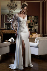 Luxury Beaded Satin Evening Gown with Corset Bodice & High Slit – Long Sleeve Formal Dress -  SI8431SI