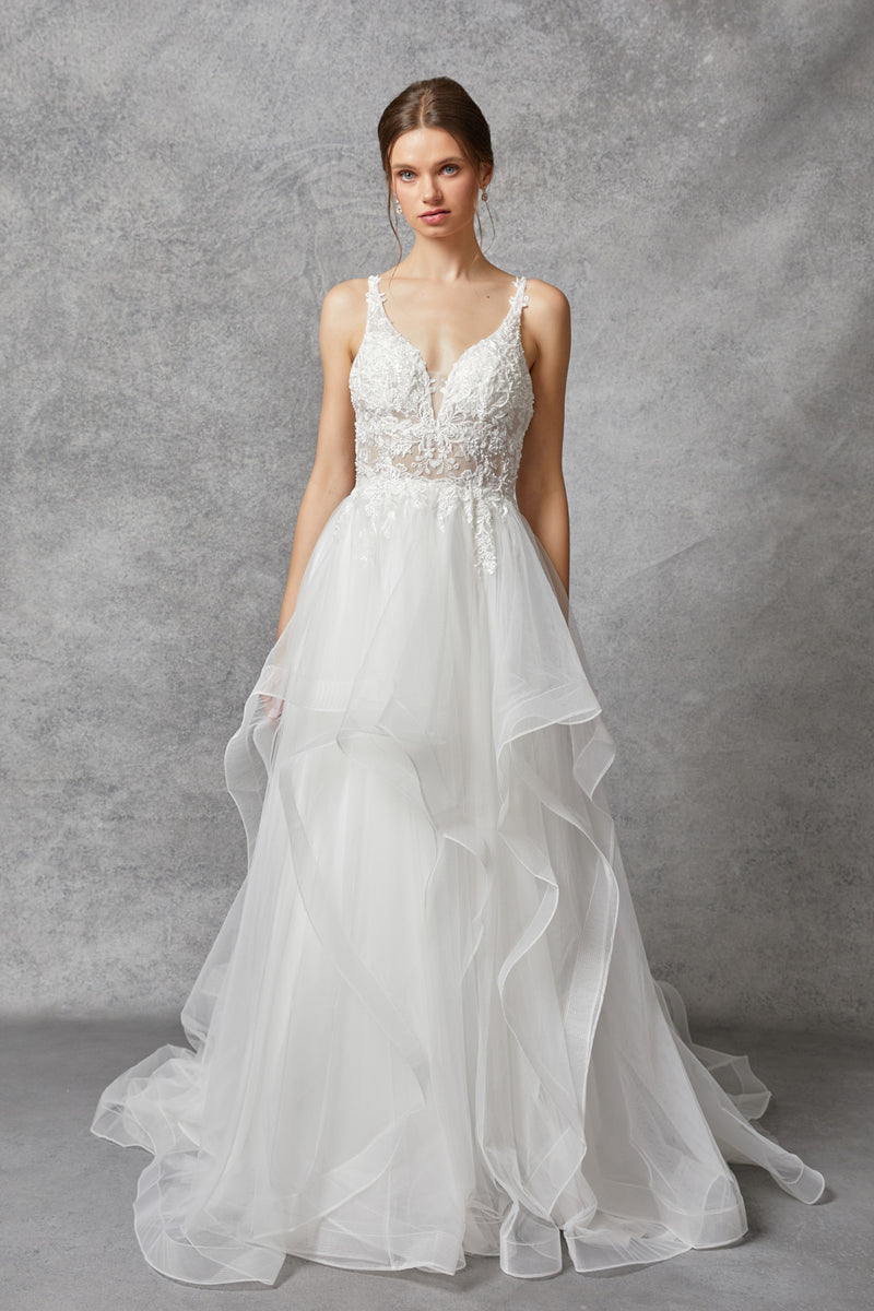 Off White A-Line Boho Wedding Dress with Multilayer skirt