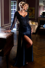 Luxury Beaded Satin Evening Gown with Corset Bodice & High Slit – Long Sleeve Formal Dress -  SI8431SI
