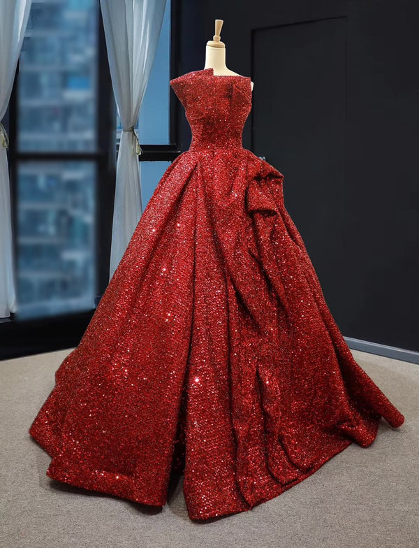Glitter Sequins Red Formal evening Ball Gown