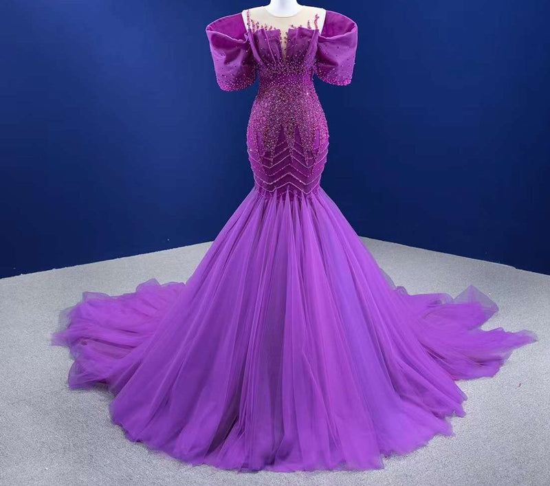 Plum Purple Mermaid Hand Beaded Evening Gown