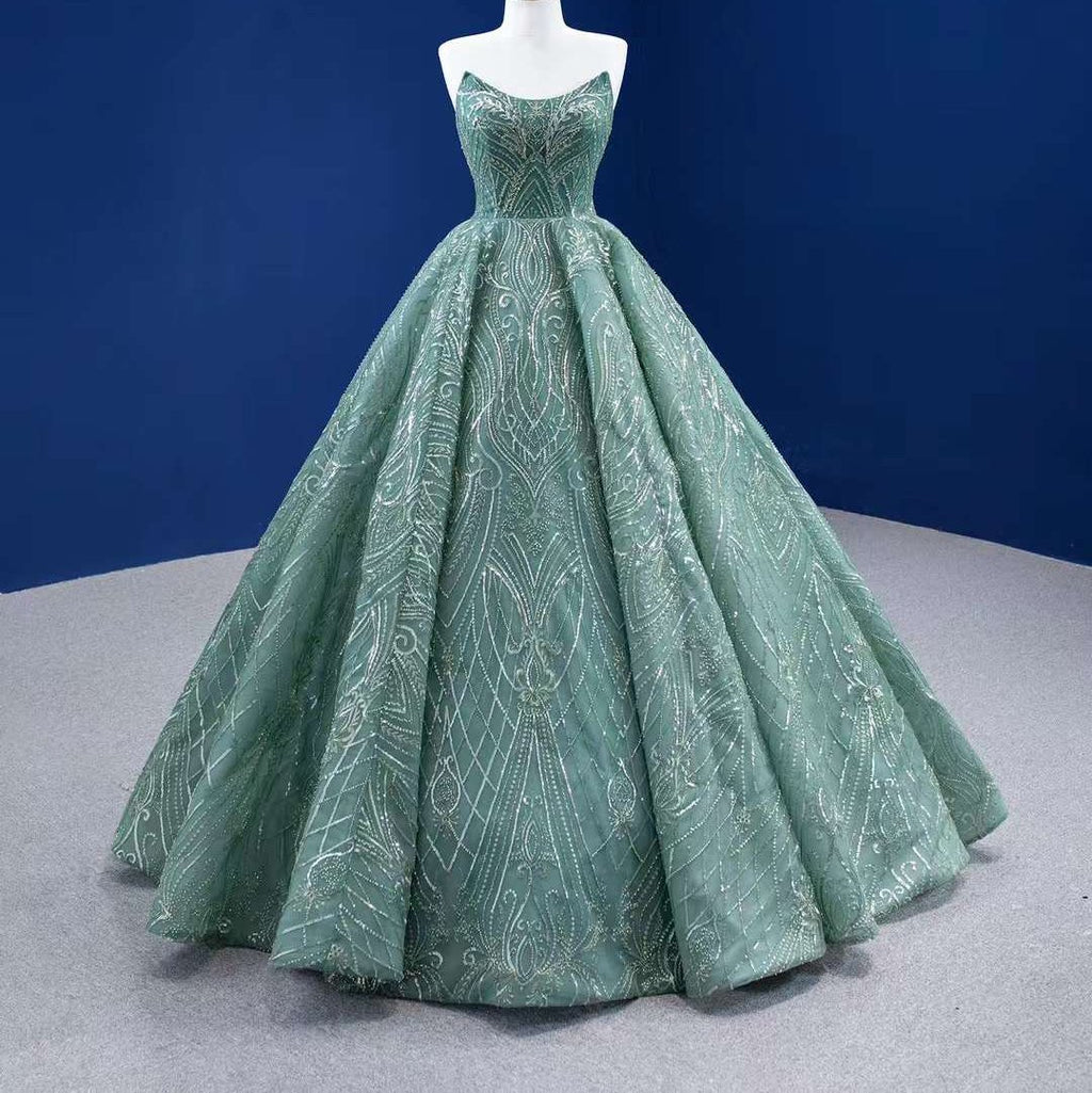 Fully Hand Beaded SeaGreen Ball Gown- strapless with corset back CUSTOM SIZE / CUSTOM COLOR