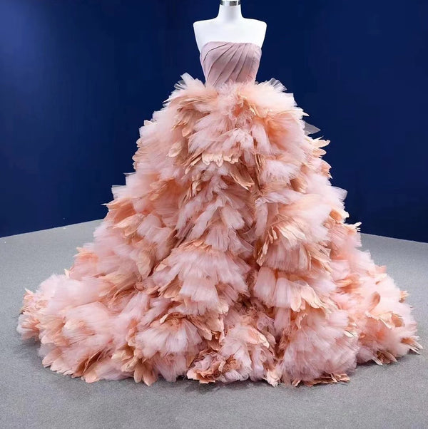 Pink Contour Feathered Ball Gown