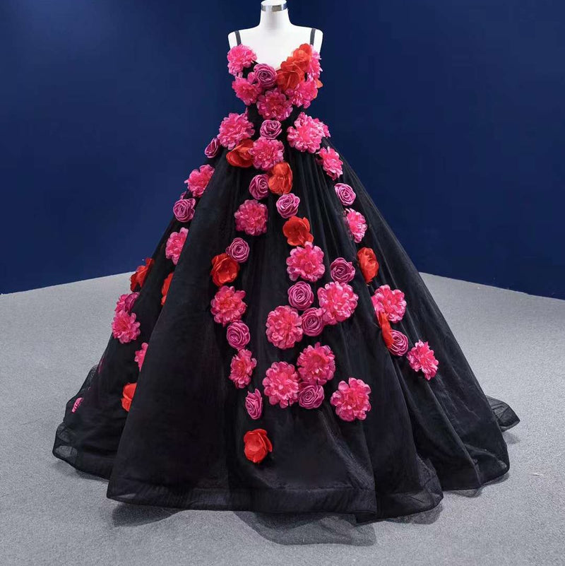Black & Pink Floral Evening Dress , Handmade Florals