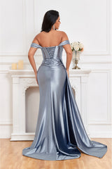 MJ1008 Couture fitted elegant evening dress with off shoulder and drape